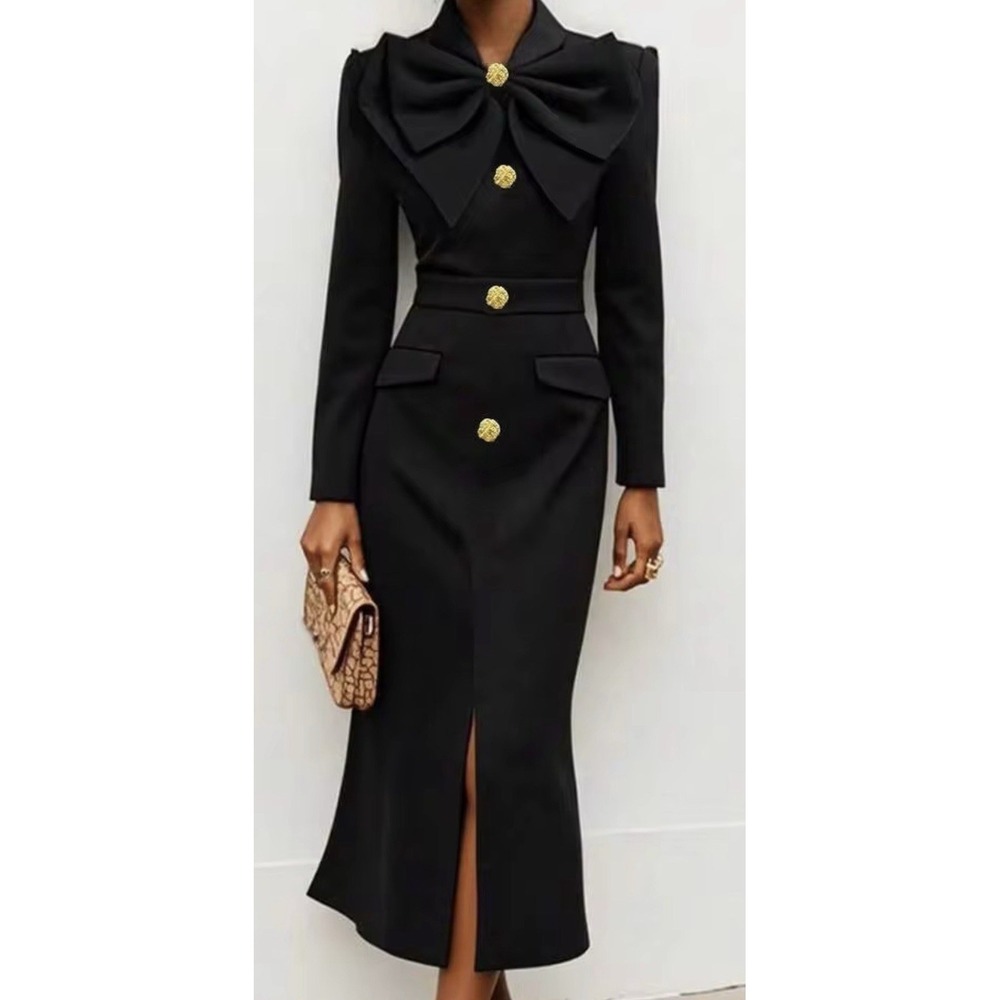 DALIA MACPHEE Black Midi Dress Gold Button Oversized Bow Mock Neck Long Sleeve M
